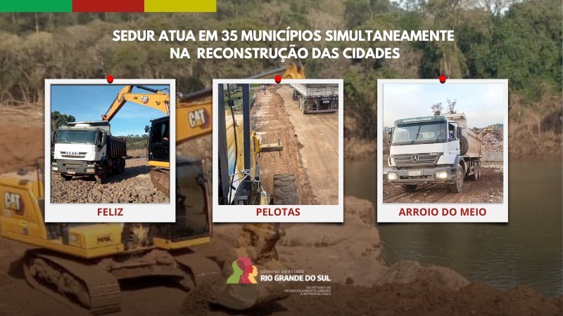A imagem contém uma retroescavadeira ao fundo e pequenas fotos do trabalho com máquinas nas cidades Feliz, Pelotas e Arroio do Meio.